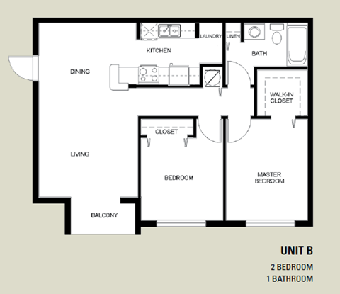 Floor plan for 2 beds, 1 bath, 860 sqft